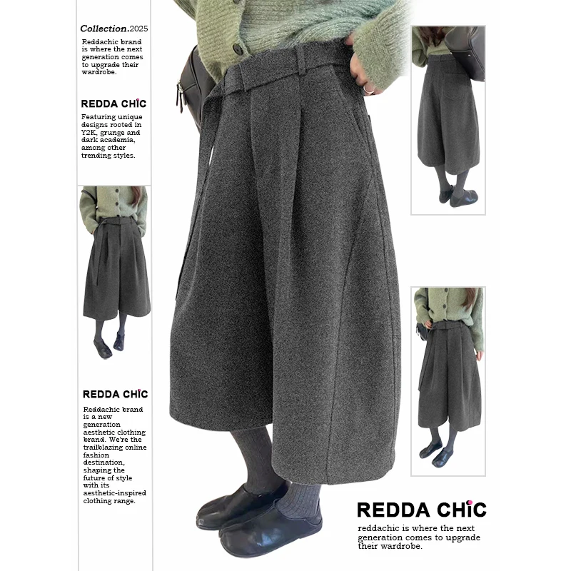 ReddaChic Dressy Pleats Tweed Shorts Unisex Bloomers Office Casual Loose Belt Low Rise Wide Leg Baggy Pants Winter Women Clothes