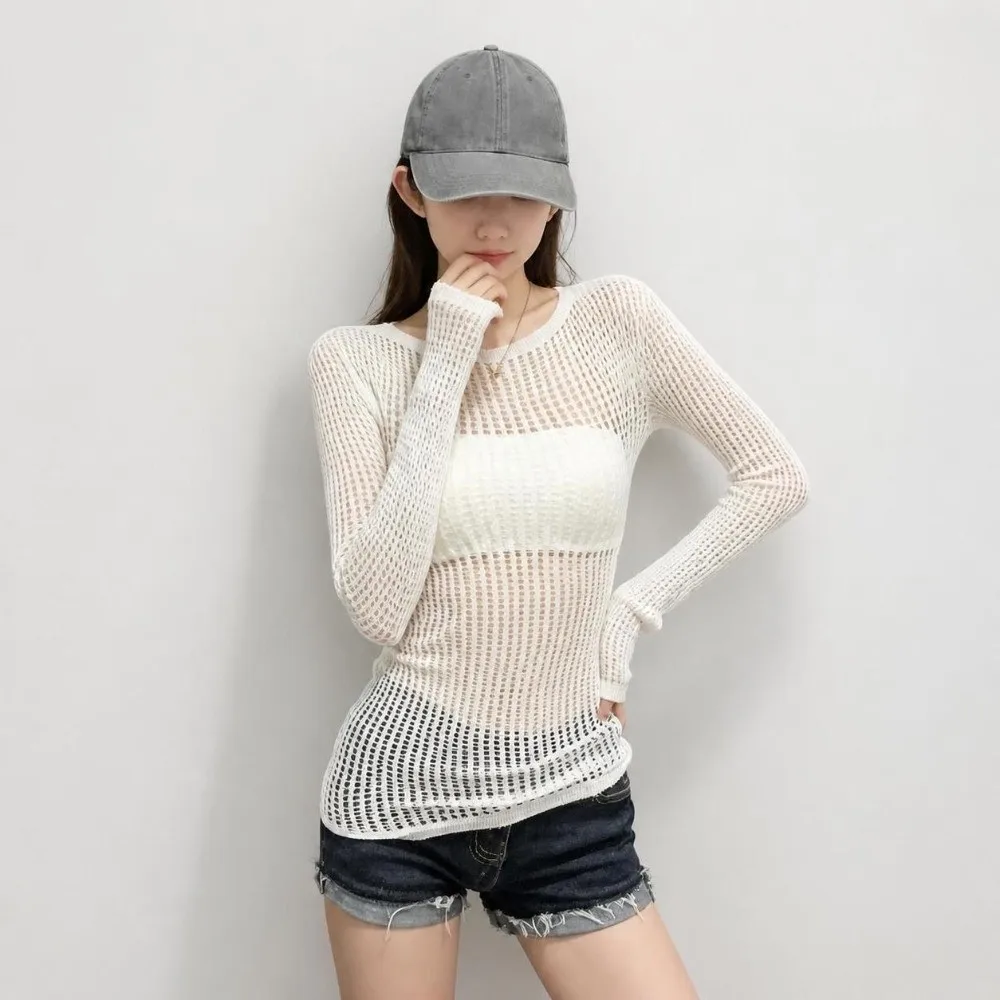 Fashion Sheer Mesh T Shirt for Women Hollow Out Slim Fit Long Sleeve Top Soft Sexy Fishnet Top Female Wear