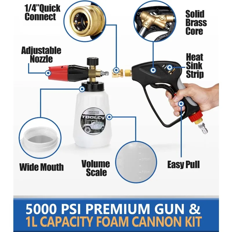 Foam Cannon Kit with Pressure Washer Gun 5000 PSI, 5 Nozzle Tips, 1/4