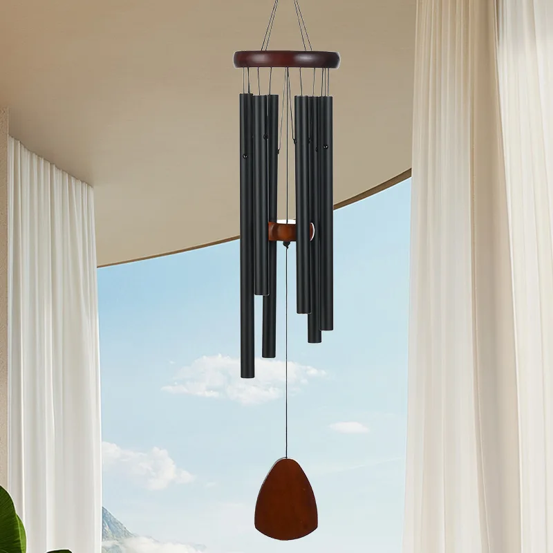 6-Tube Modern Wind Chime – Matte Black Finish with Wooden Top & Drop, Designed for Outdoor Garden, Patio & Home Décor TMZ