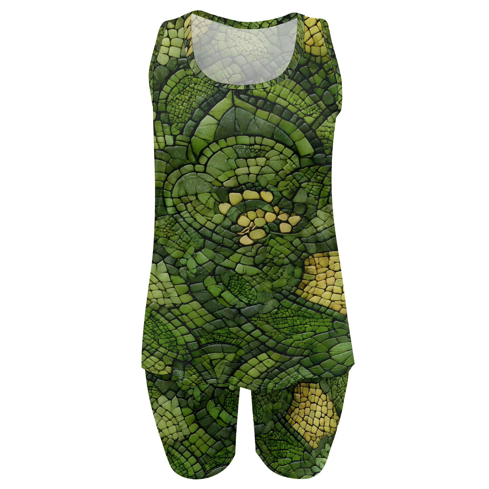 Green Mosaic Print, Sleeveless Romper Jumpsuit, Floral Pattern Playsuit, Summer Casual Outfit, Women's Fashion Wear, S-2XL