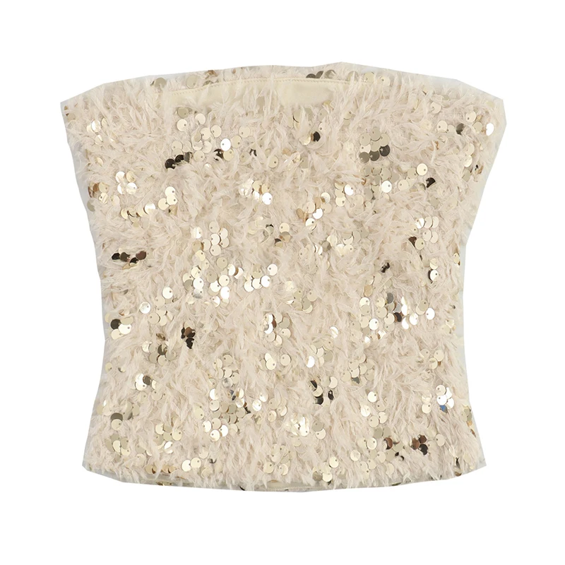 YENKYE Sexy Women Frayed Sequin Strapless Top Elasticated Straight Deckline Chic Party Crop Top High Street ropa de mujer