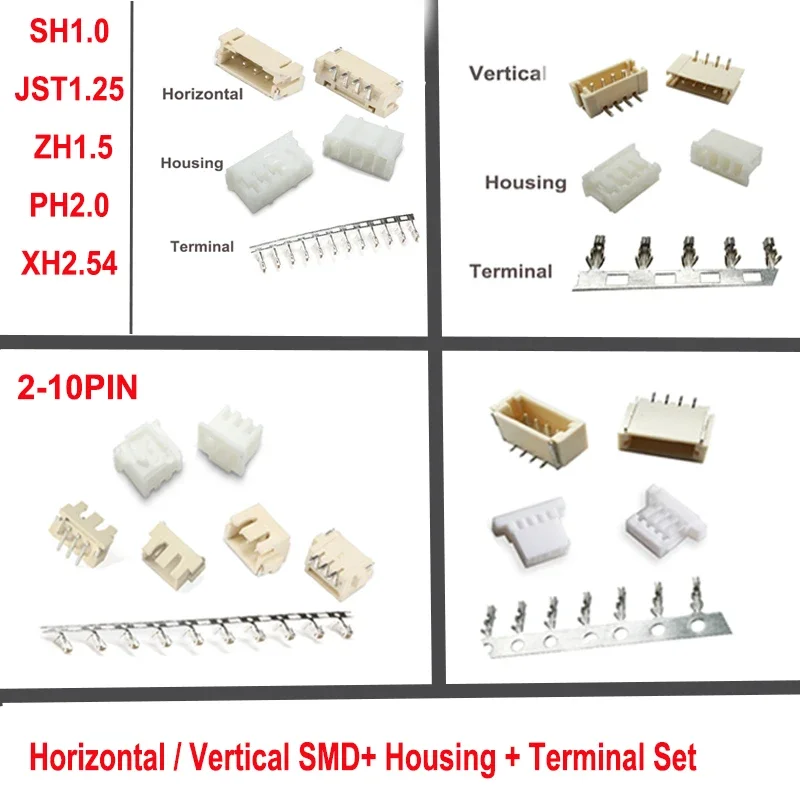 10sets 1.0mm 1.25mm 1.5mm 2.0mm 2.54mm Pitch SH/JST/ZH/PH/XH Vertical/Horizontal SMD Header + Housing + Terminal Set Connector