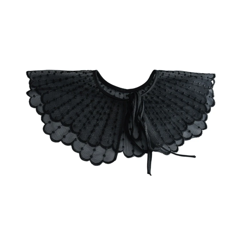 Women Embroidery Dots Shawl Detachable Collar See-Through Shrug Cover Up Thin Lace-Up Scalloped Scarf Cape