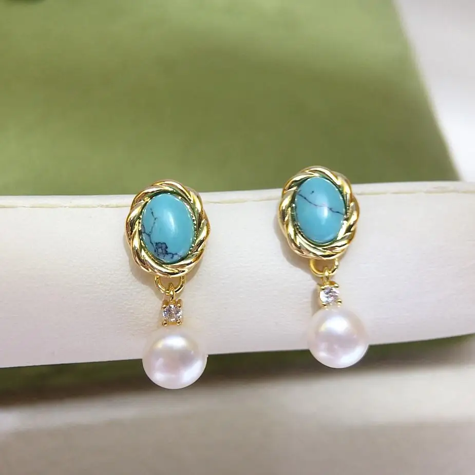 ZHBORUINI Retro Turquoise Stone Freshwater Pearl Earrings 7-8mm Bread Beads Premium Aquaculture Jewelry Collection Direct Sale