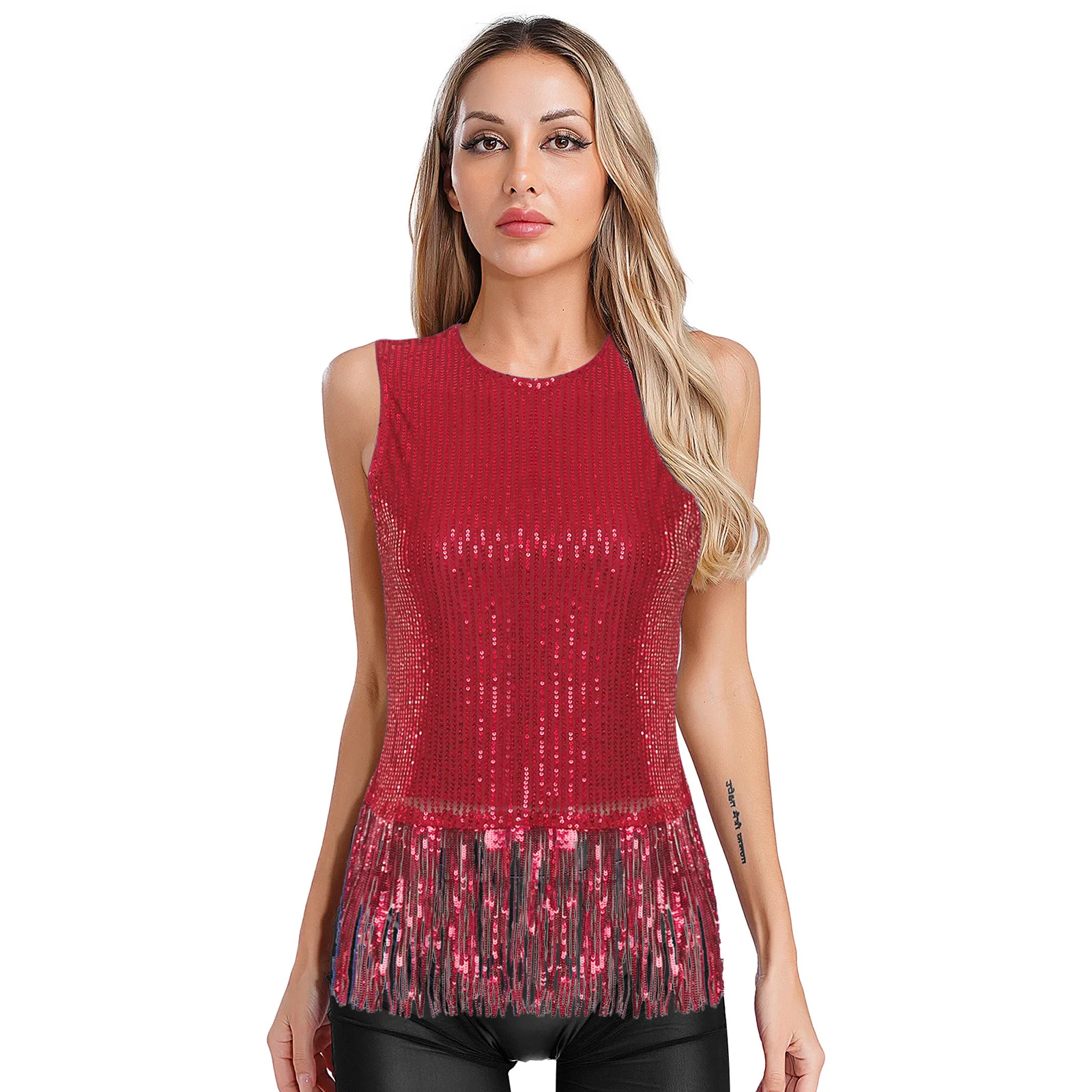 

Women's Sparkly Sequin Tassel T-shirt Top Sleeveless Fringe Tank Top Pullover Shirt Vest Crop Top Fashion Party Night Clubwear