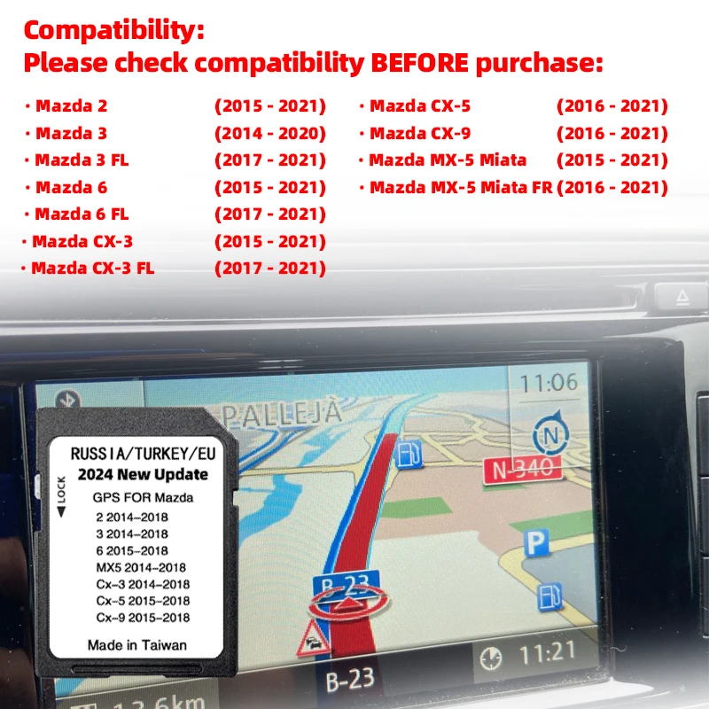 Nouvelle Version 2024 EU russie turquie carte SD de Navigation pour Mazda 2/3/6/CX3/CX5/CX9/MX5 voiture Sat Navi 16GB GPS mise à jour cartes données
