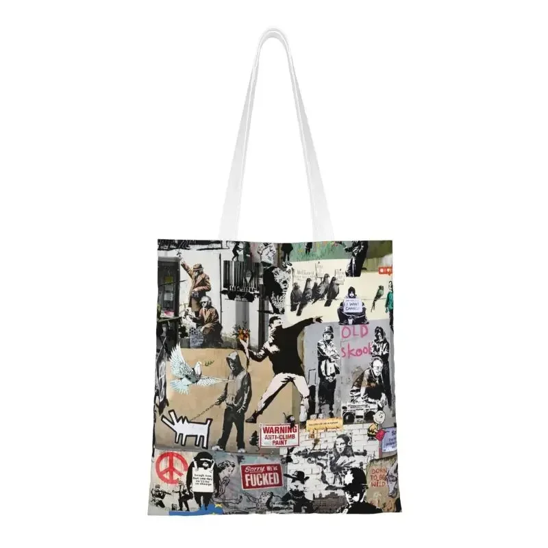 Custom Banksy Street Graffiti Canvas Shopping Bags Women Recycling Grocery London Pop Art Tote Shopper Bags