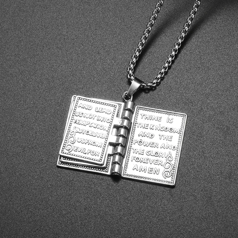 Men's Fashion Vintage Stainless Steel Bible Pendant Necklace Trendy Street Party Amulet Jewelry Gift