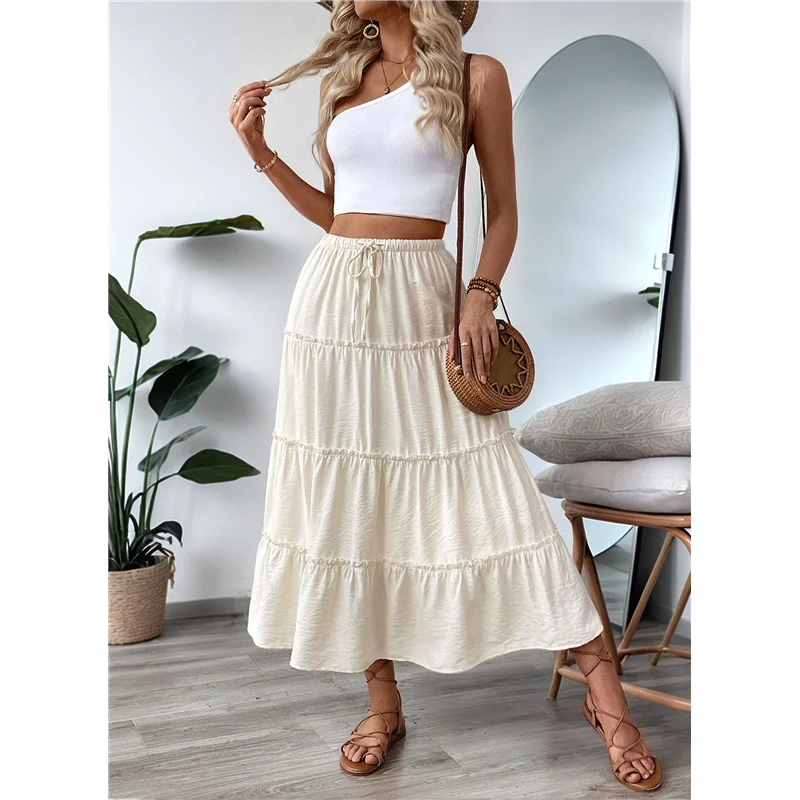 Femmes été décontracté élégant Smock couches à plusieurs niveaux Maxi jupe taille haute une ligne fluide longues jupes avec poches-A55G