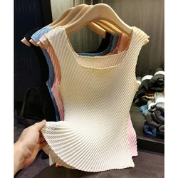 High-end Pleats Vest Harness Elastic Solid Color Inside Take Cultivate One's Morality Show Thin Fold New Female T-shirt Summer