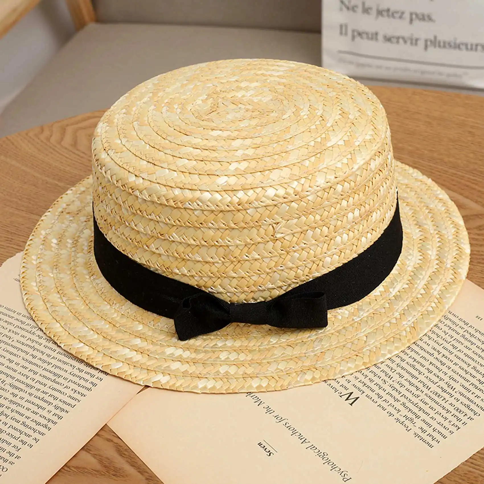 A99TCute Child Girls Straw Hat Bowknot Sun Hat Kids Large Brim Beach Summer Boater Beach Ribbon Round Flat Top Fedora Hat