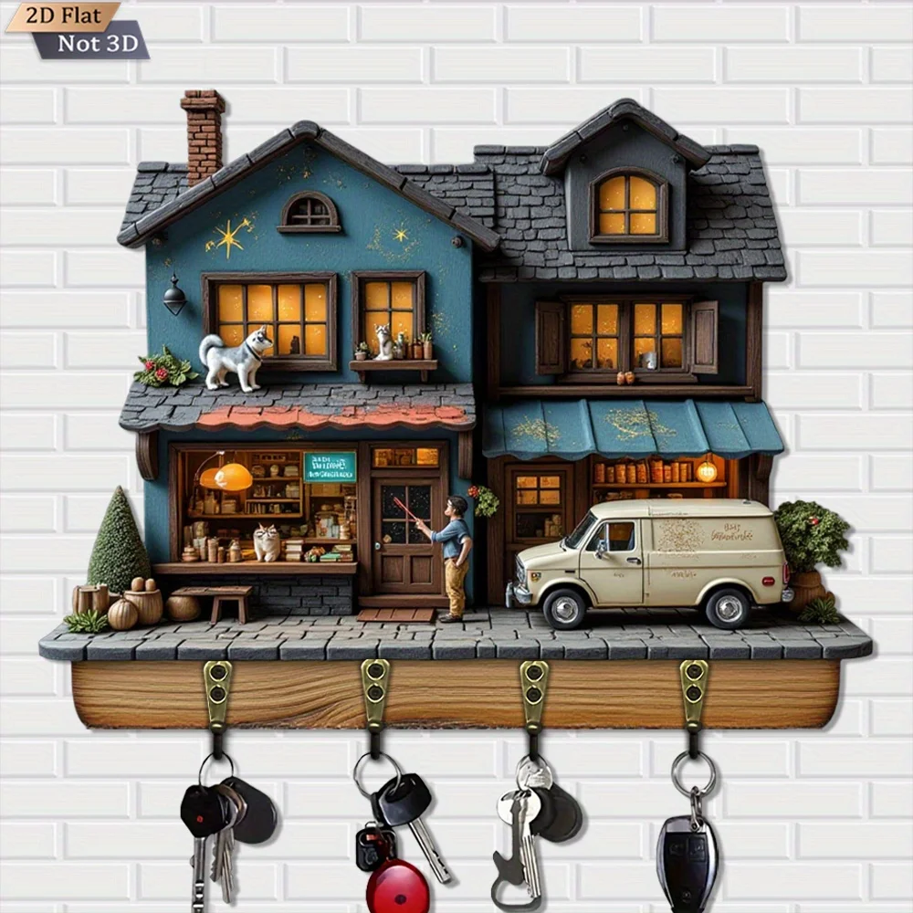 2D Flat, 1pc, Cozy Cottage Style Key Hook Wooden Multi-functional Home Keys Holder with Four Metal hooks, Wall Decoration for