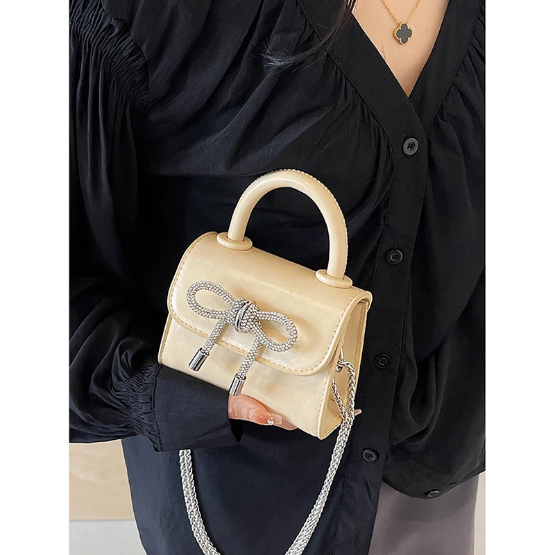 Light Luxury Diamond Bow Design Sense Shoulder Bag Women\'s Summer New Popular Mini Handbag Simple Solid Fashion Crossbody Bag