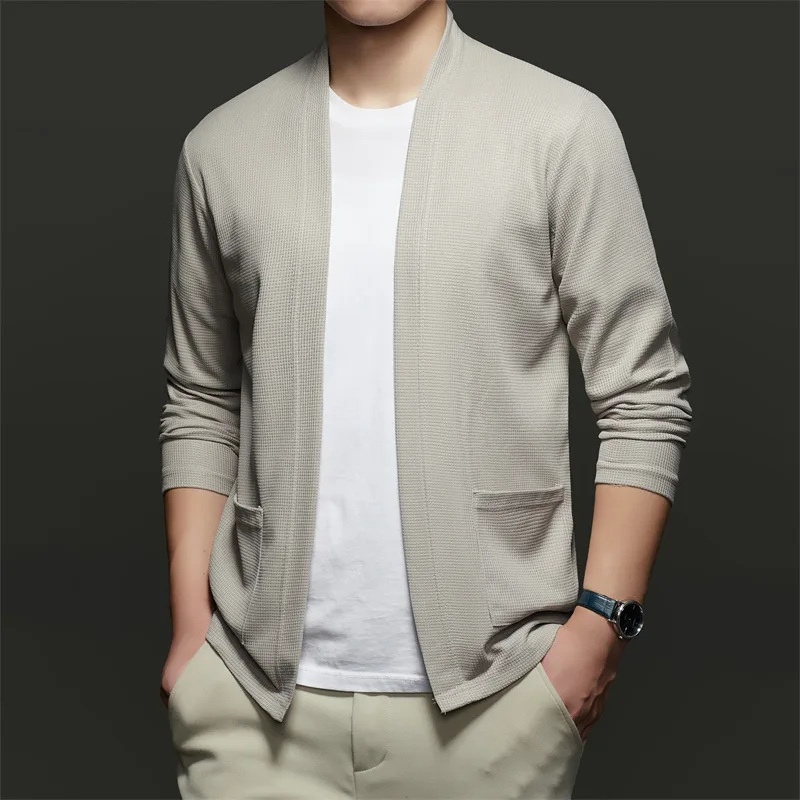Grey V-neck Cardigan Jacket for Men's Spring and Autumn New Styles, High-end Trendy Brand Buttonless Men's Knitted Sweater