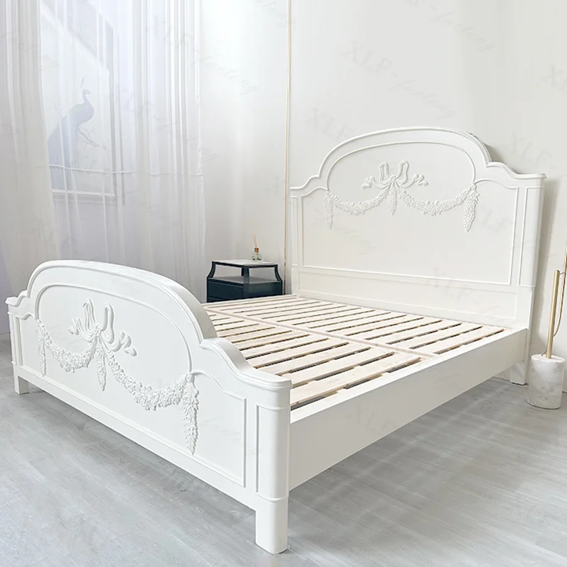 Vintage solid wood double, fashionable and simple carved master bedroom princess, wedding, cream style girl bed