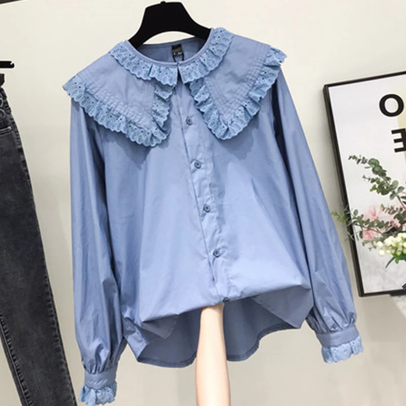 

Women Chic Peter Pan Collar Shirts Korean Style Trendy Girl Cute Sweet Ruffles Lolita Lace Blouse Kawaii Lovely Daily Streetwear