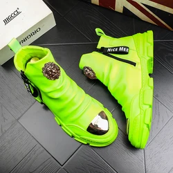 Men's New designer thick soled green high top casual shoes tide ankle boots middle help leather boots youth casual shoes A6