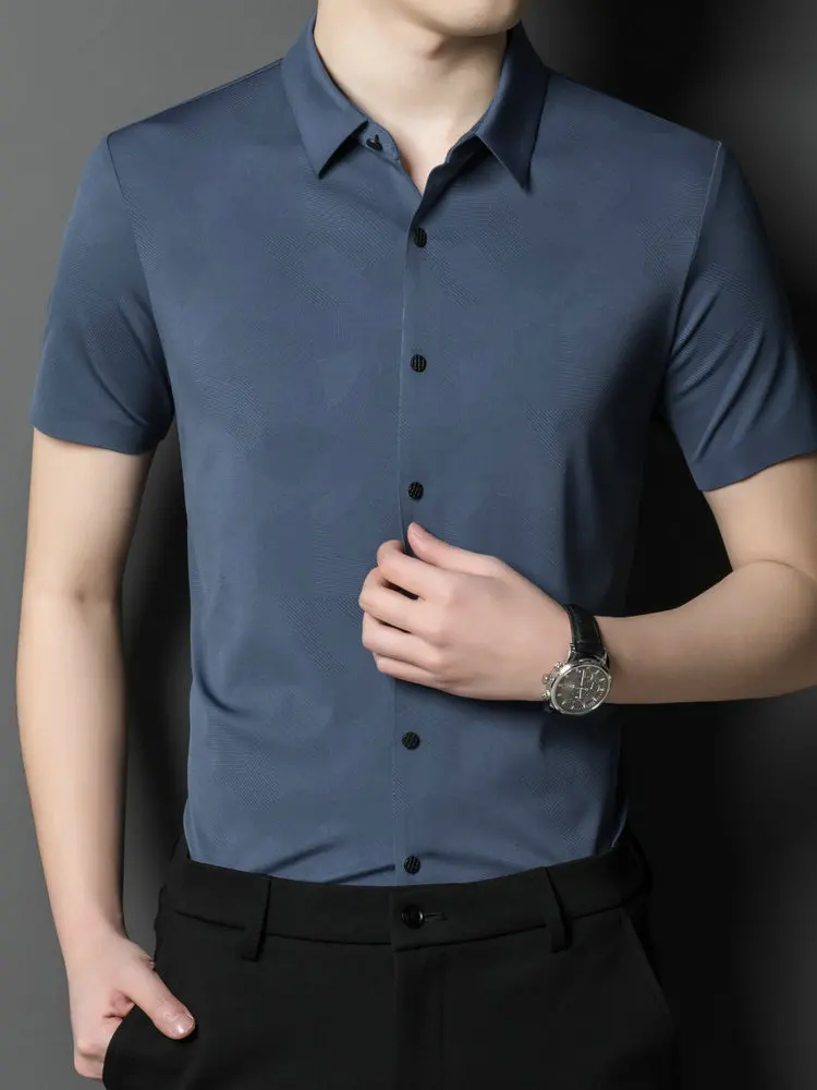 

2022 Summer Spring Men Business Casual Shirts Green Black Blue Single-Breasted Turn Down Collar Basic Top Male Slim Fit Clothing