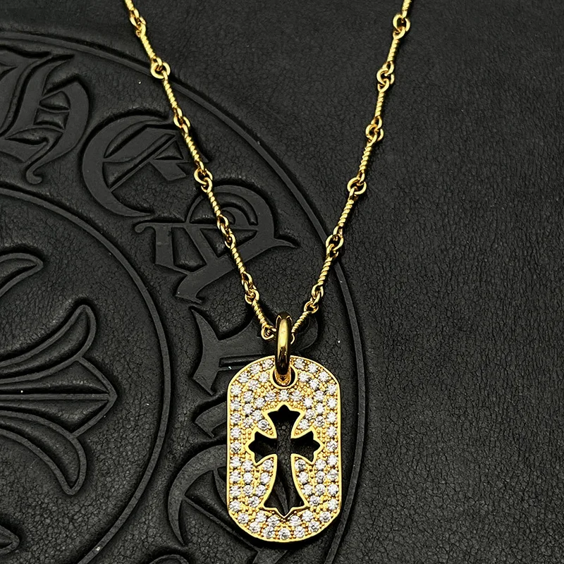 

S925 Sterling Silver Jewelry Medium Hollow Diamond Cross Army Necklace Plated Sweater Chain
