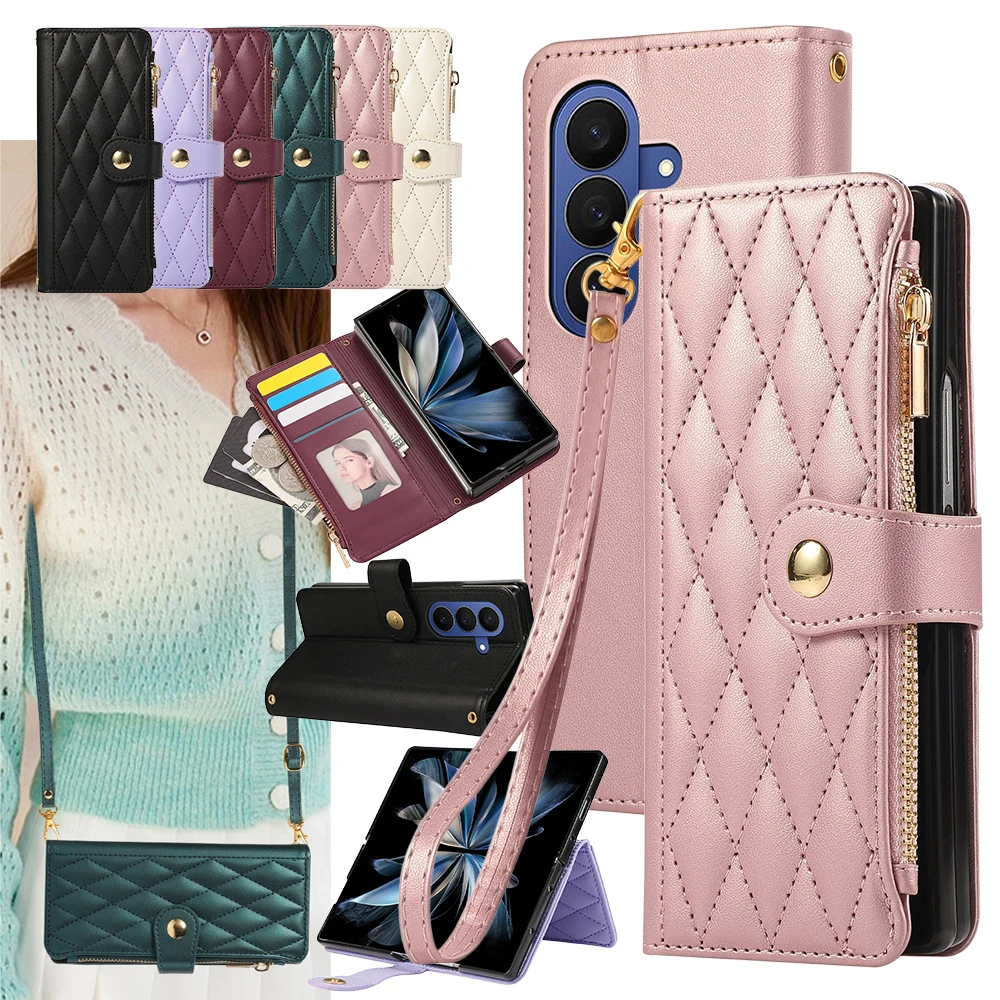 Crossbody Zipper Wallet Leather Case For Samsung Galaxy Z Fold 8 Ultra 7 6 5 4 3 Fold8 Fold7 Fold6 Fold5 Card Slots Phone Cover