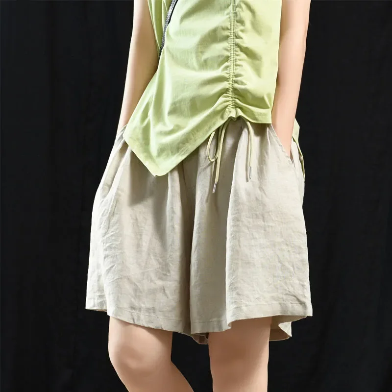 Women's Beige Linen Shorts Elastic Waist Drawstring Loose Fit A-Line Casual Shorts with Pockets