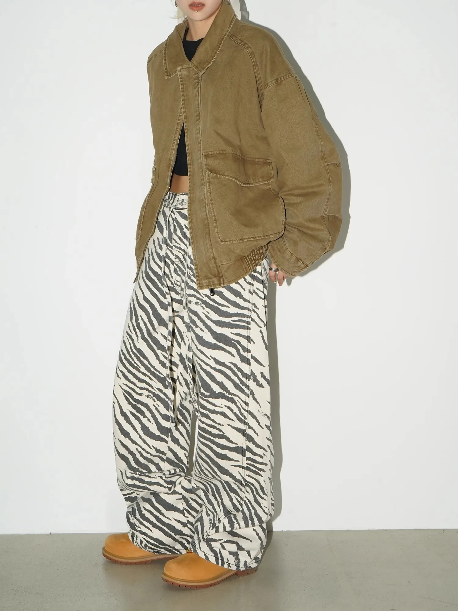 

Retro Wide Leg Straight Cut Zebra Print Jeans Men's Women's American Street Style Loose Long Trousers Drawstring Casual Jeans