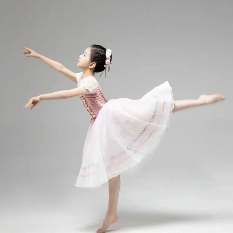Pink flower tutu professional ballet girls costume giselle Classical Short Puff Sleeve Adult Women Long Leotard Dress Clothes