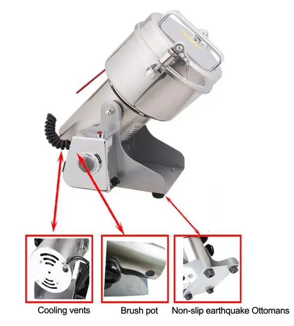 ミルパウダーグラインダー、YB-1500A、1500g、薬、ハーブ、塩、米、コーヒー、豆、ココア、トウモロコシ、コショウ、大豆、葉、粉砕機