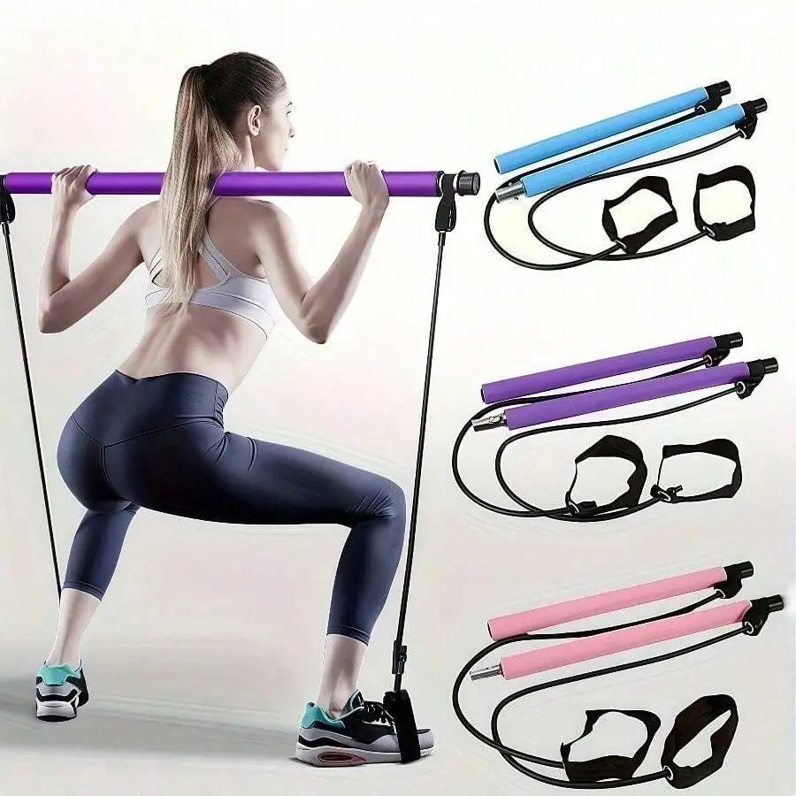 

Pilates Bar Set with Colorful Resistance Bands – Stainless Steel Home Gym Equipment for Full-Body Workouts, Yoga & Squats