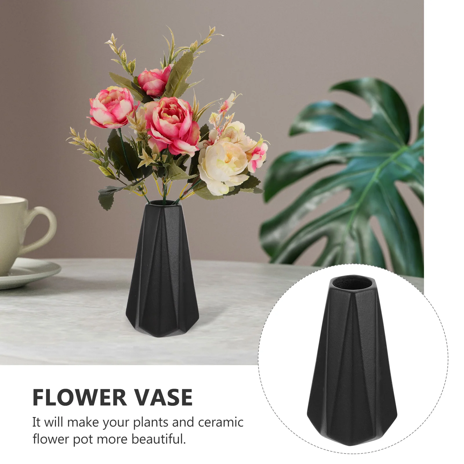 

Black Ceramic Flower Vase for Home Office Decor Simple Elegant Planter for Cactus and Indoor Plants Solid Color Modern Vase