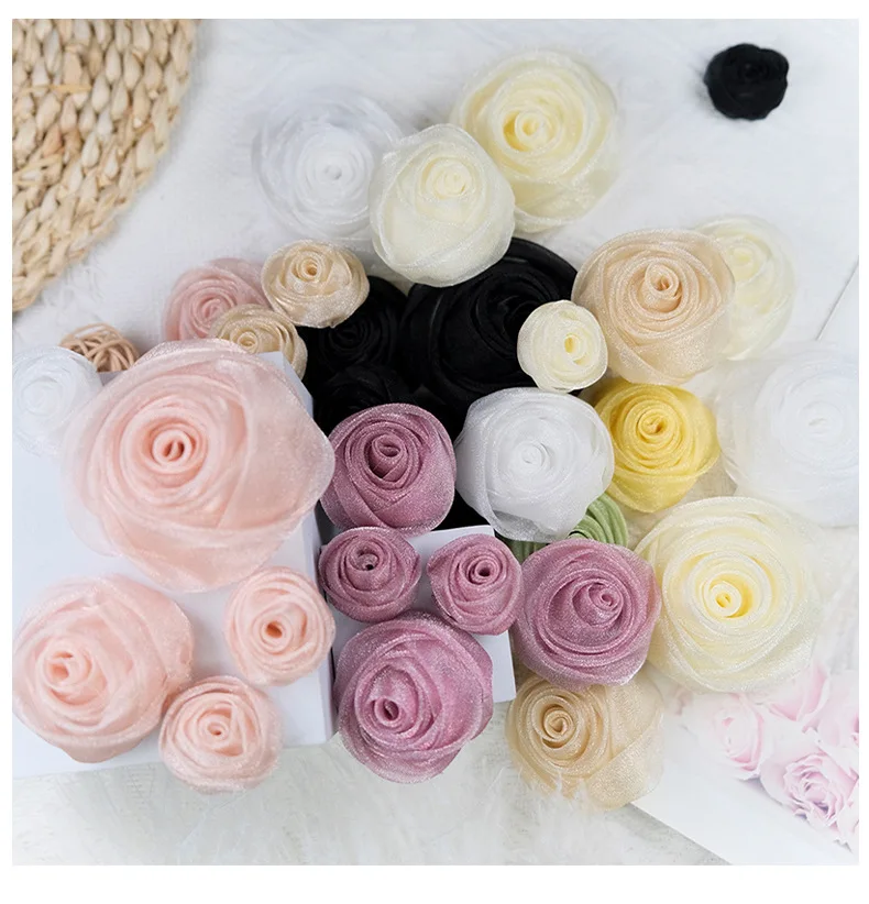5 Stück 3cm Organza Schneerosen-Köpfe Haarschmuck Partydekoration Kleine Blumen DIY Handgemachtes Kleidungszubehör Kostümdesign – Detail 6