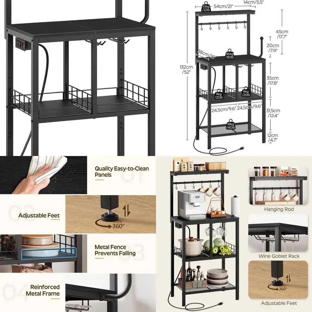 

Kitchen Storage Rack with Power Outlet, Microwave Stand with Paper Holder, Coffee Table with Wine Glass Holder, 4-Tier Storage f