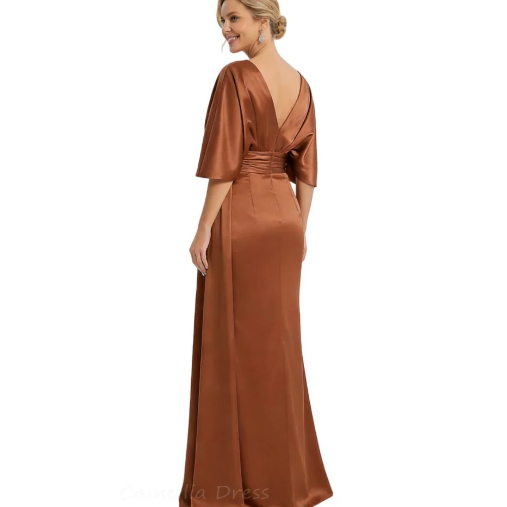 Simple V Neck Mother of the Bride Dress Customized Guest Dress Short Sleve Mermaid Party Gown Bow vestido invitada boda