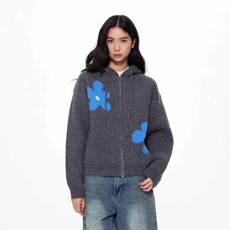 플라워 후드 스웨터 레이지 니트 스타일 가디건 가을 겨울 아우터 지퍼 캐주얼 트렌디 탑