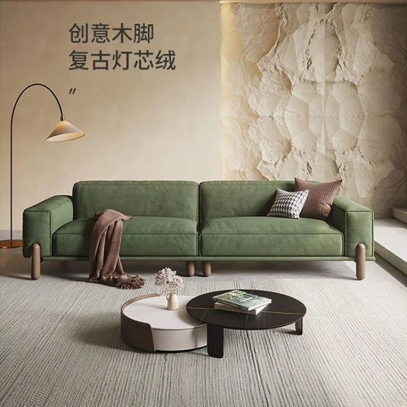 Flannel tofu cubes straight row three-person Italian minimalist solid wood corduroy fabric sofa