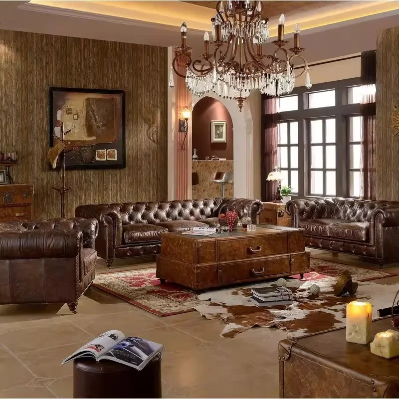 

American retro leather sofa European buckle living room size apartment three-person hotel club model room sofa