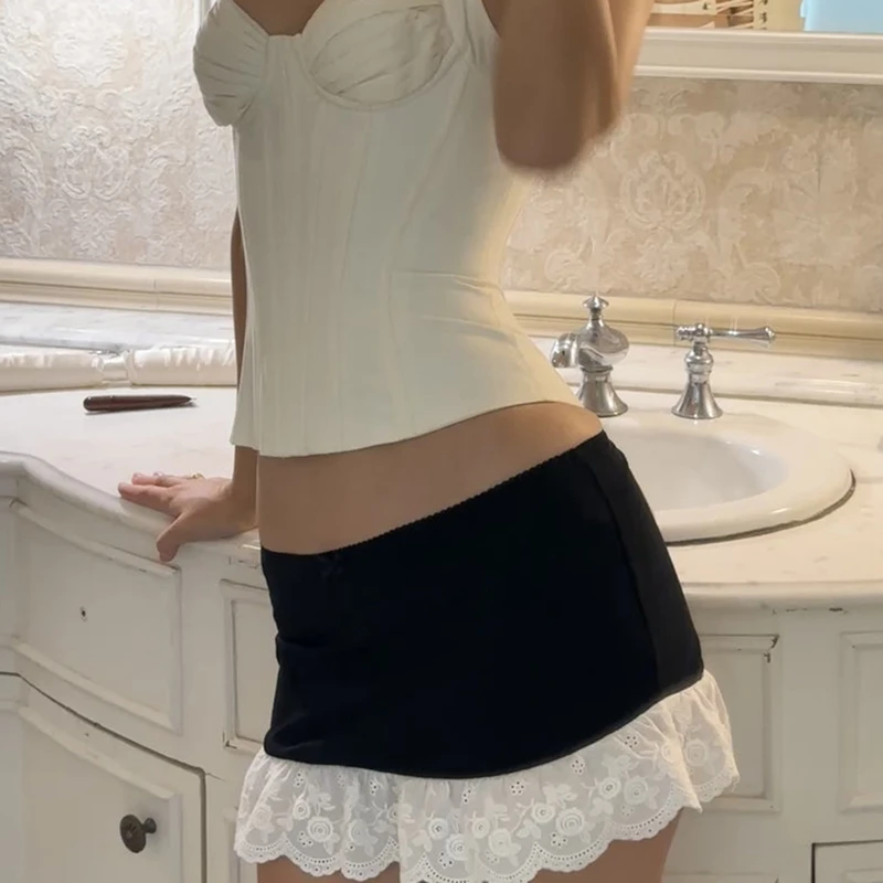 

Мини-юбка с низкой посадкой и цветочной вышивкой, женская мини-юбка Y2k с кружевной отделкой, полуслип-юбка в стиле преппи, милая юбка-фигура 2000-х годов в стиле ретро