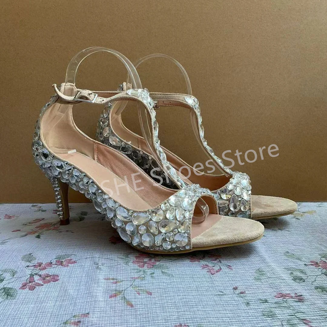 

Luxury Crystal Handmade Leather Shoes for Women Peep Toe Thin Heel Pumps Summer Cool Sandals Ladies Party Hight Heel Shoes