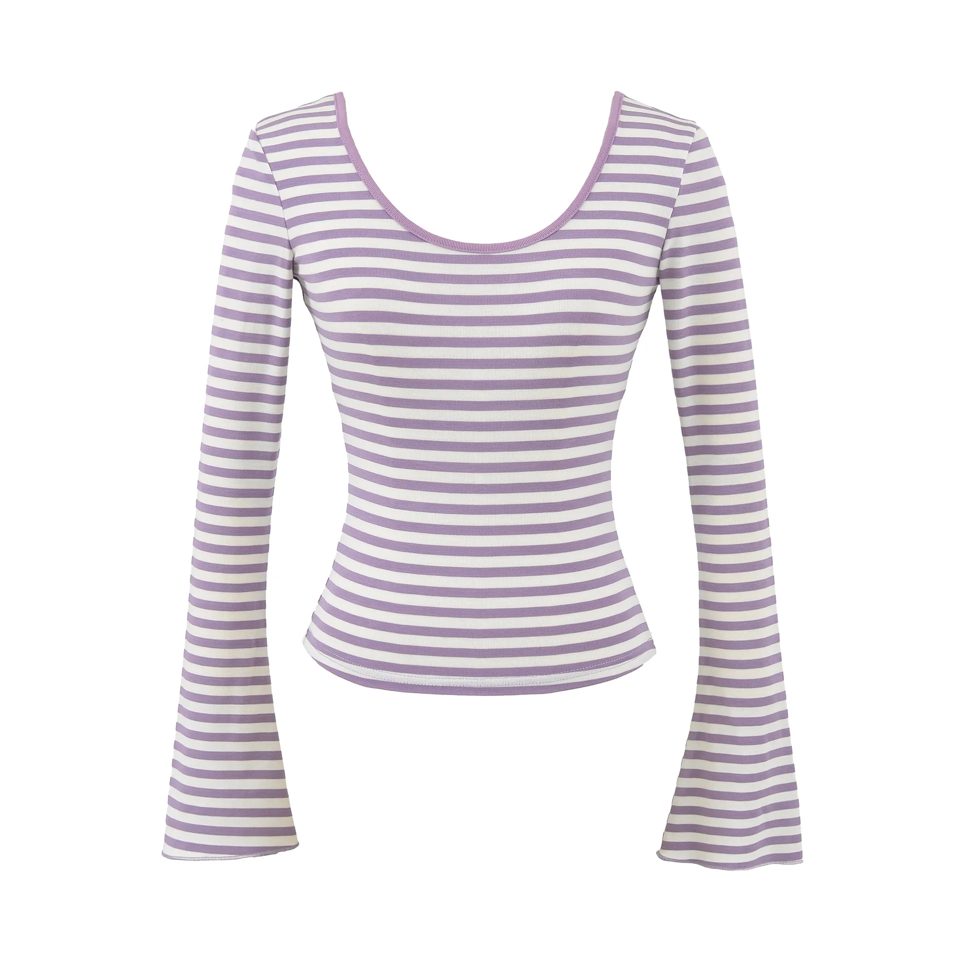 Spicy Sexy Casual Striped Big U-Neck Backless Slim Fit Stretch Long Sleeve Regular Shoulder T-Shirt Top Waist-Cinching Base L3C2