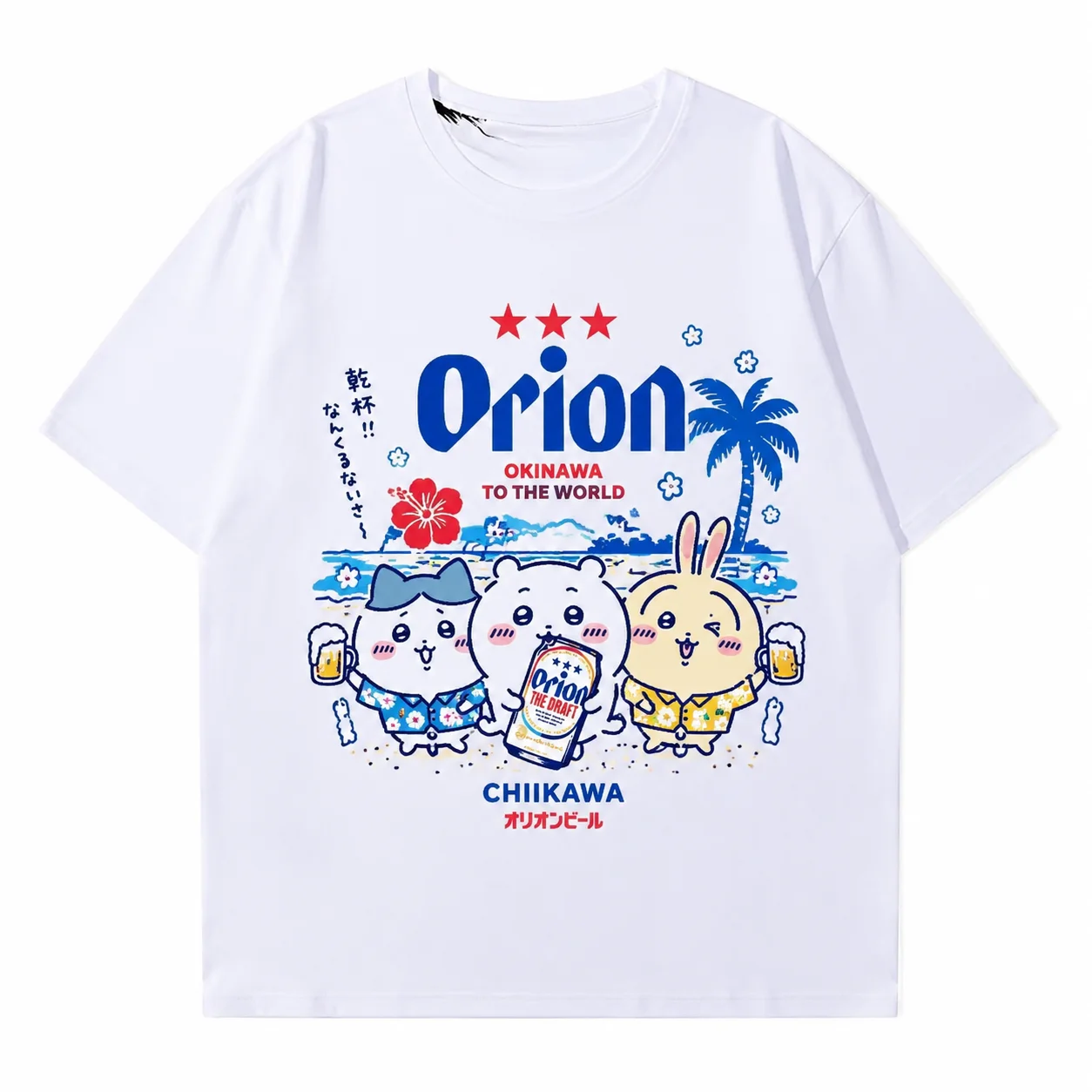 Kawaii Anime Summer Vacation Aesthetic Chiikawa Orion Beer Okinawa Collab Print Cotton Men Women Universal Crew Neck T-Shirt