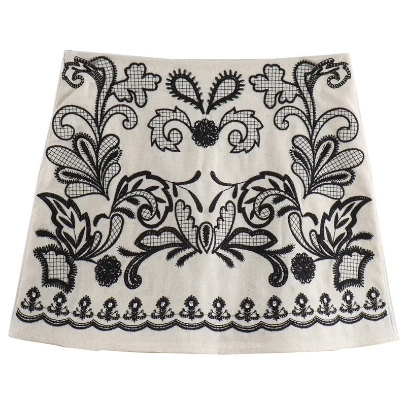 TRAF Women's Skirt Summer 2024 Mini Embroidered Skirts Linen Blended High Waist Aesthetic Skirts New In Skirt Elegant Lady Skirt