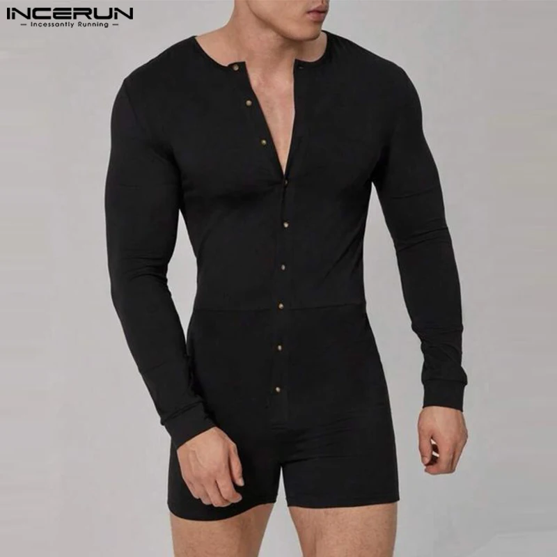 INCERUN 2024 Men Rompers Solid Color Skinny O-neck Long Sleeve Bodysuits Homewear Button Casual Leisure Male Playsuits Pajamas