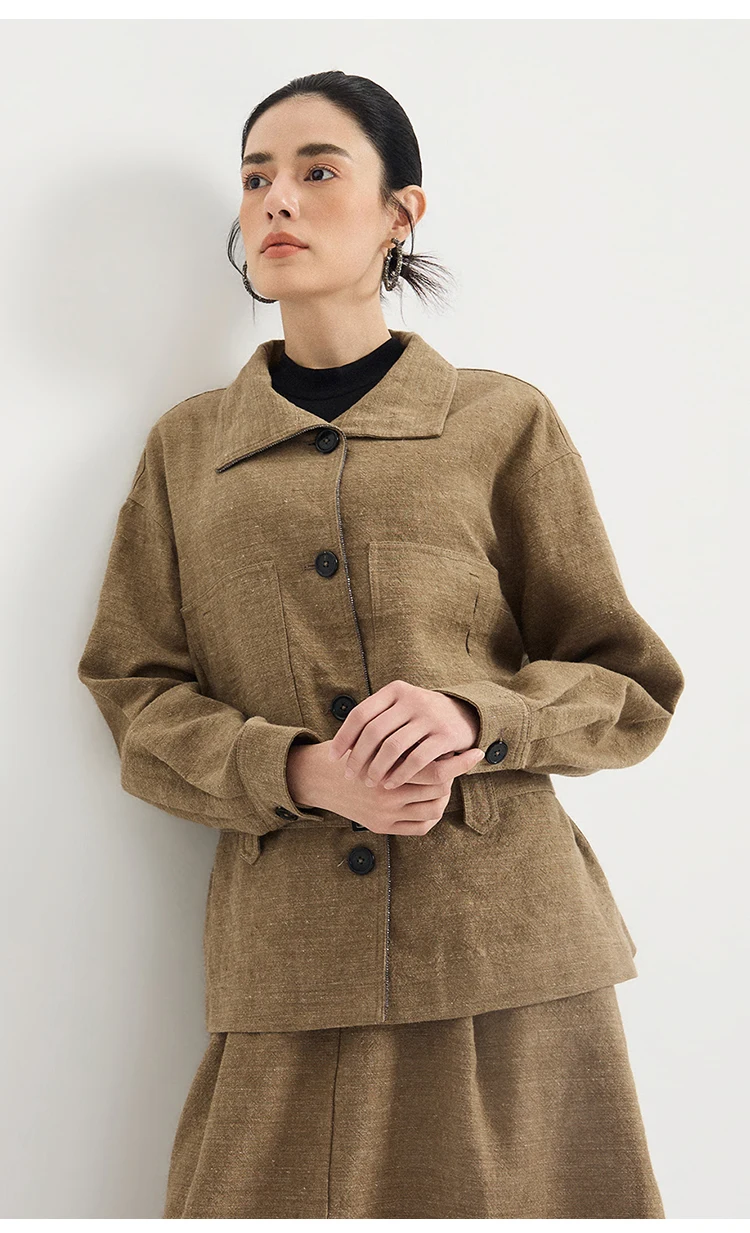 KT9623941 Damen Leinen-Woll-Mischgewebe Gürtel-Crop-Jacke, Oversized, Revers, aufgesetzte Taschen, Taillengürtel, Old Money, Frühherbst – Detail 6