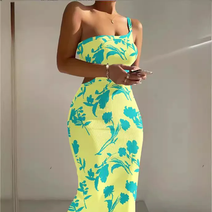 

2025 Sexy Women's Dress Fashion Summer Floral Printed Delicate New One-shoulder Halter Hollow Out Design Sense Slim Tight Robe