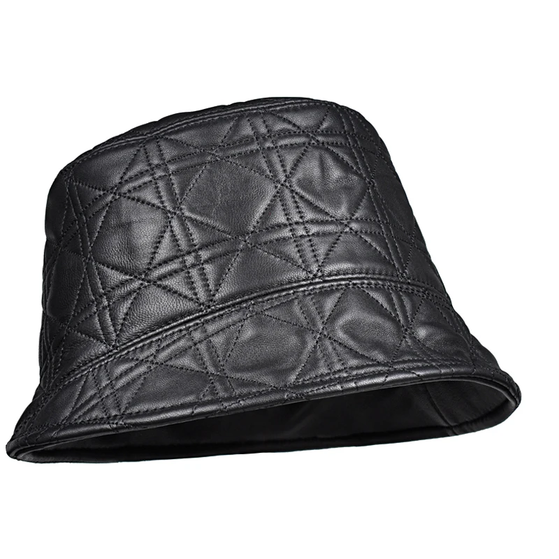 Chic Leather Fisherman Hat For Women Men Real Skin Checkered Embroidery Neutral Basin Caps Korean Plaid Winter Casquette Street