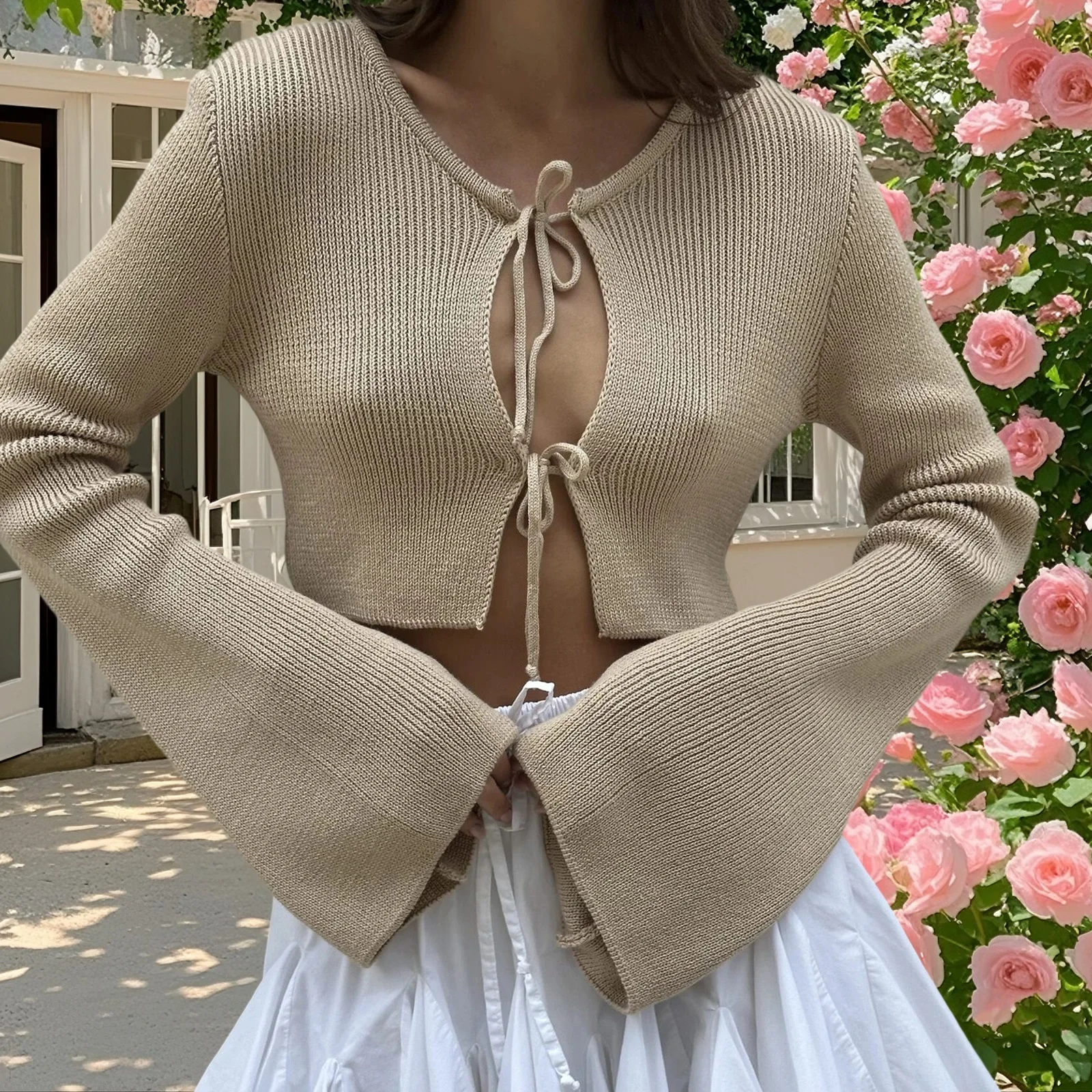 Cárdigan liso de manga larga acanalado Fairycore para mujer, cuello redondo, Otoño, primavera, tejido con lazo, cárdigan ajustado calado, suéteres, Tops