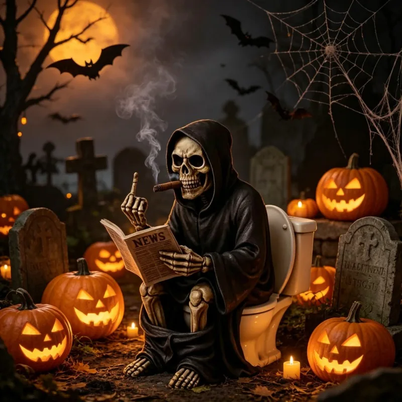 New Middle Finger Death Statue, Resin Handicraft Ornament, Halloween Toilet Decoration, Creative Fun