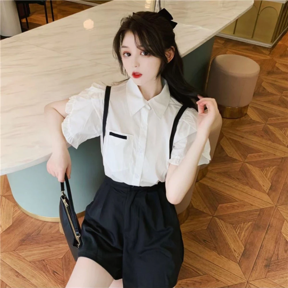 Women\'s Buttoned Shirt Trends Formal Puff Sleeve Top Short 2024 Summer Blouse for Women elegant chic Sexy Korean Style Fashion