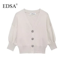 EDSA Women Casual Solid Cardigan V-neck Single Breasted Knitted Folds Loose Fashion Vintage Female Warm Sweaters